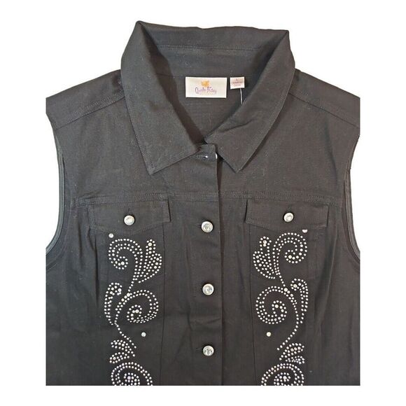 Quacker Factory Black Rhinestone Western Denim Style Vest Lg - Picture 2 of 8